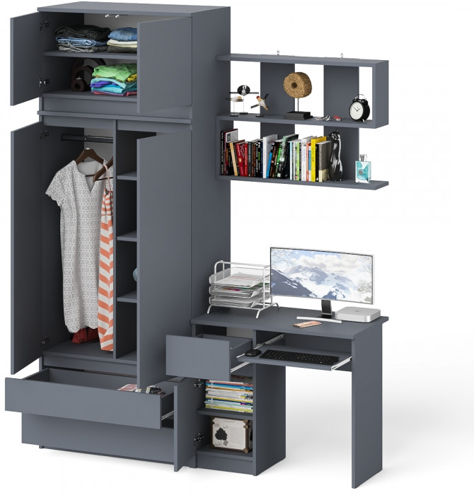 Мори компьютерный стол МС-1 левый + Шкаф МШ900.1 + Антресоль МА900.1 + Полка 900, графит