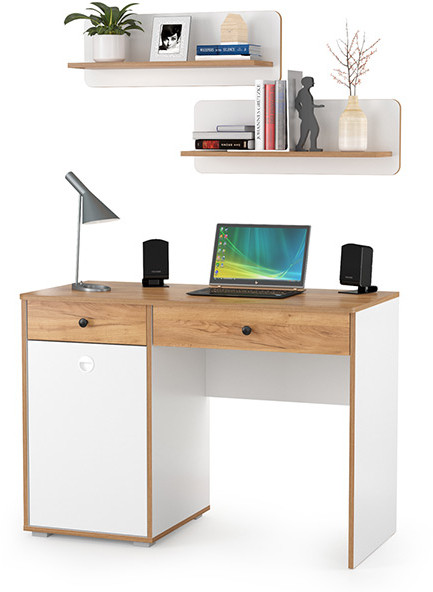 Вуди Стол письменный 12.42 + 2хПолка 15.46, цвет белый премиум/дуб крафт золотой, ШхГхВ 110х52,7х180 см., универсальная сборка