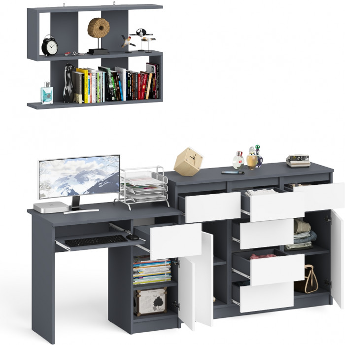 Мори Стол компьютерный МС-1 правый + Комод МК1200.4 + Полка 900, цвет графит/белый, ШхГхВ 210,4х50х209,6 см., НЕ универсальная сборка