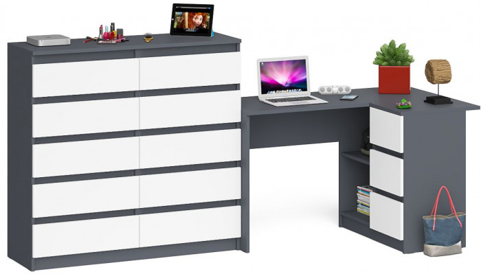 Мори Стол компьютерный МС-16 правый + Комод МК1200.10, цвет графит/белый, ШхГхВ 244,8х84,9х115 см., выдвижные ящики справа, НЕ универсальная сборка