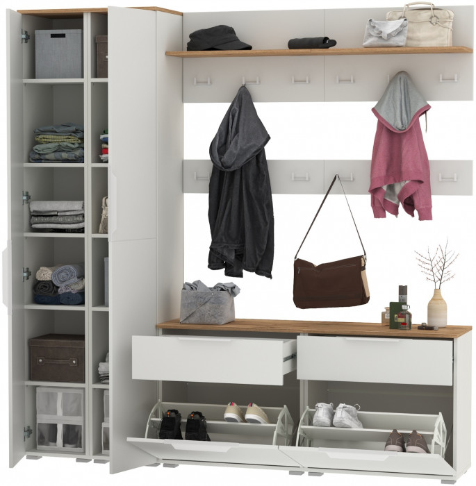 Октава Прихожая 35, белый шагрень/дуб крафт золотой/фасады МДФ белый шагрень