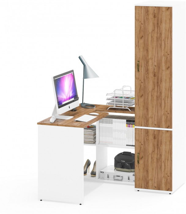 Лидер-8 Стол + Пенал МД 23Б, белый шагрень/крафт золото