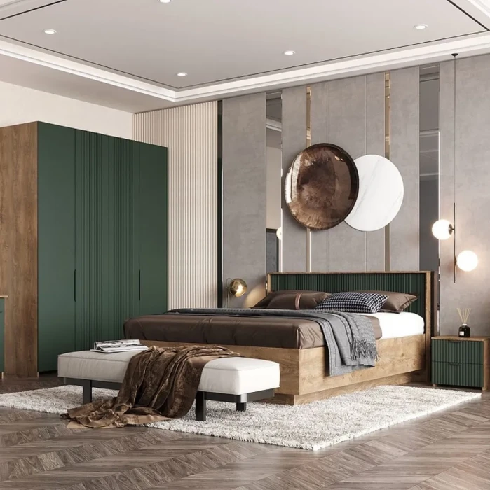 Кровать 180х200 "Герта" с ортопедическим основанием + ПМ - Дуб канзас/Зеленый матовый