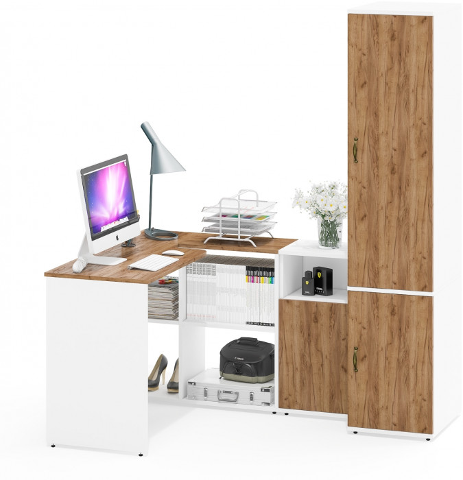 Лидер-8 Стол + Тумба МД 3.19 + Пенал МД 23Б, цвет белый шагрень/крафт золото, ШхГхВ 245х50х75/190 или 155х120/50х75/190 см., НЕ ун. сборка