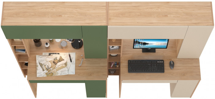 Два стола компьютерных Комфорт 12.71, цвет гикори рокфорд натуральный/дымчатый зелёный/гикори рокфорд натур./сатин, 233,4х60,2х165,4 см., НЕ ун. сб.