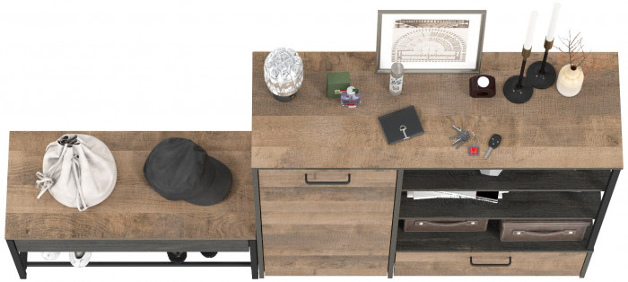 Трувор 13.241.03 Тумба для обуви + 13.307.01 Комод, цвет дуб гранж песочный/интра, ШхГхВ 189х36,9х106,9 см., универсальная сборка