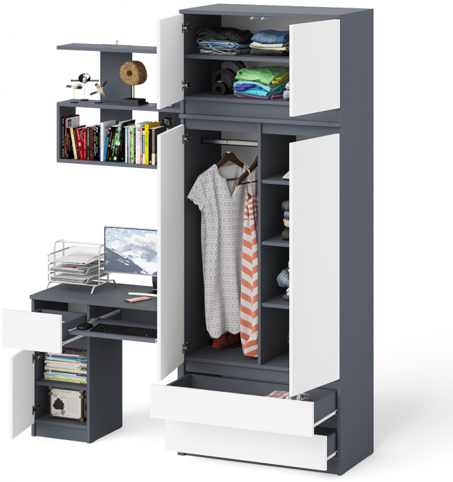 Мори компьютерный стол МС-1 левый + Шкаф МШ900.1 + Антресоль МА900.1 + Полка 900, графит/белый