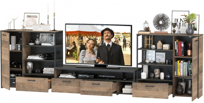 Трувор Гостиная 050, цвет дуб гранж песочный/интра, ШхГхВ 367,8х45,4х106,9 см., универсальная сборка