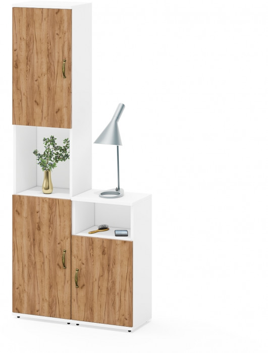 Лидер-8 Пенал + Тумба МД 3.19, цвет белый шагрень/крафт золото, ШхГхВ 80х30х190 см., универсальная сборка