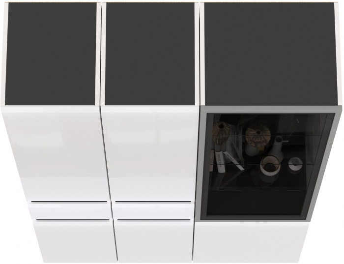 Сидней 13.202 Шкаф с ящиком 2 штуки + Шкаф-витрина 13.201, корпус: белый/чёрный/фасады: МДФ белый глянец/стекло