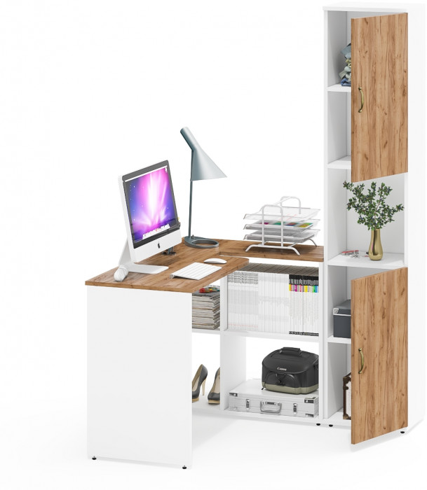 Лидер-8 Стол + Пенал, белый шагрень/крафт золото