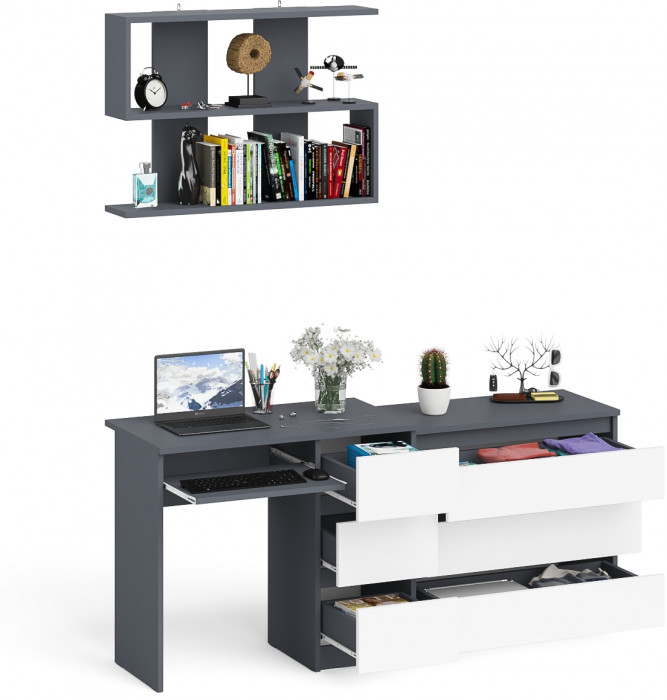 Мори компьютерный стол МС-6 правый + Комод МК800.1 + Полка 900, графит/белый