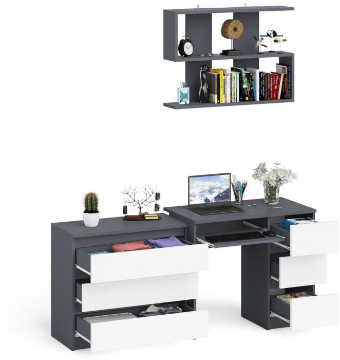 Мори компьютерный стол МС-6 правый + Комод МК800.1 + Полка 900, графит/белый