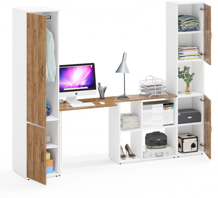 Лидер-8 Пенал МД 23Б + Стол + Пенал, цвет белый шагрень/крафт золото, ШхГхВ 245х50/30х75/190 или 155х120/50х75/190 см., НЕ универсальная сборка