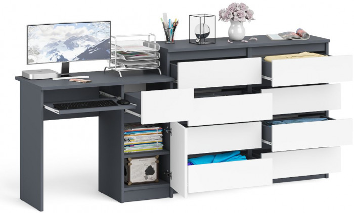 Мори Стол компьютерный МС-1 правый + Комод МК1200.8, цвет графит/белый, ШхГхВ 210,4х50х94 см., выдвижной ящик справа, НЕ универсальная сборка