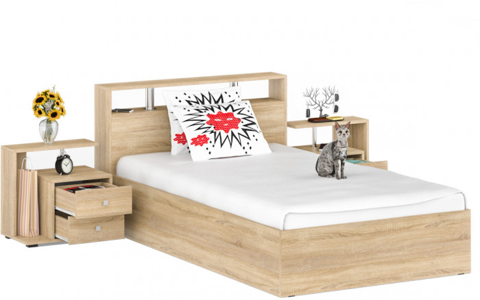 Камелия Кровать 1200 + две тумбы, цвет дуб сонома, ШхГхВ 236х217х78,2 см., сп.м. 1200х2000 мм., без матраса, основание есть
