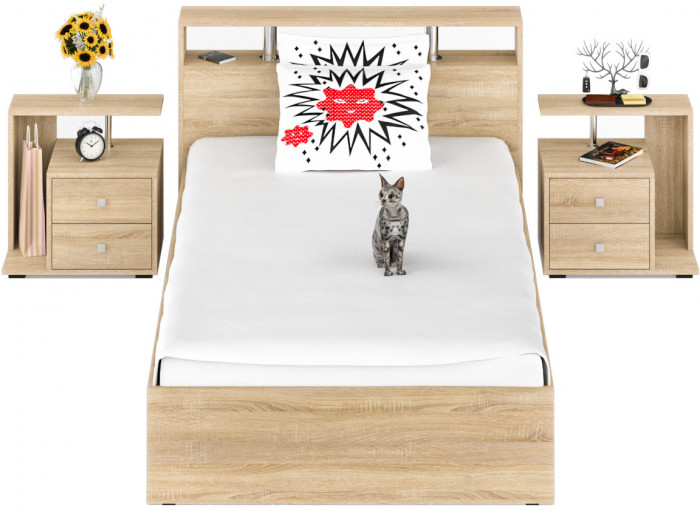 Камелия Кровать 1200 + две тумбы, цвет дуб сонома, ШхГхВ 236х217х78,2 см., сп.м. 1200х2000 мм., без матраса, основание есть