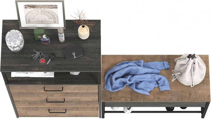 Трувор 13.241.03 Тумба для обуви + 13.307.02 Комод с ящиками, цвет дуб гранж песочный/интра, ШхГхВ 146х37х106,9 см., универсальная сборка