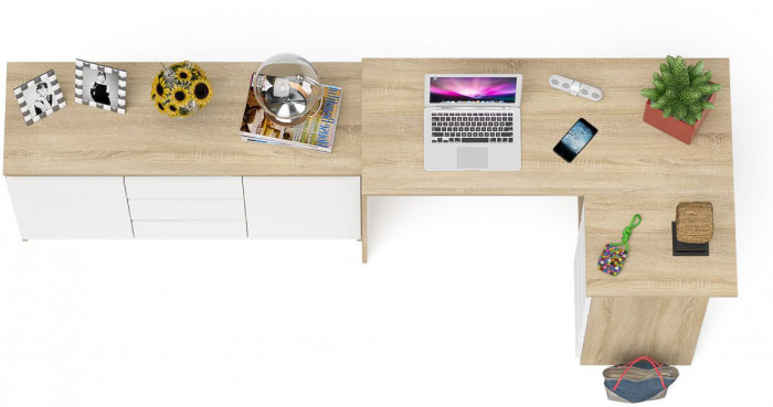 Мори компьютерный стол МС-16 правый + Комод МК1200.3, дуб сонома/белый