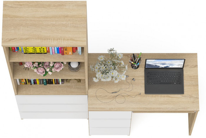 Мори Стол компьютерный МС-6 левый + Стеллаж МСТ600.3, цвет дуб сонома/белый, ШхГхВ 150,4х50х179,6 см., выдвижные ящики слева, НЕ универсальная сборка
