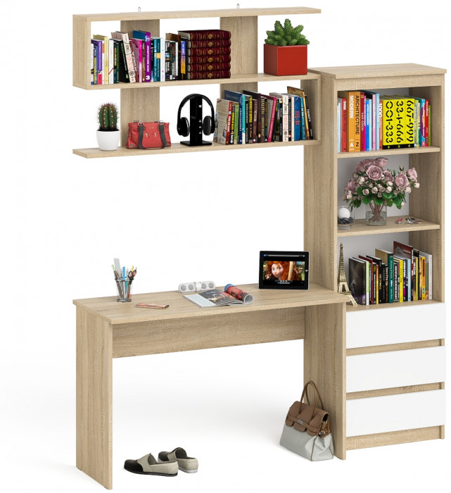Мори Стол письменный МСП1200.1 + Стеллаж МСТ600.3 + Полка 1200, цвет дуб сонома/белый, ШхГхВ 180,8х50х209,6 см., универсальная сборка