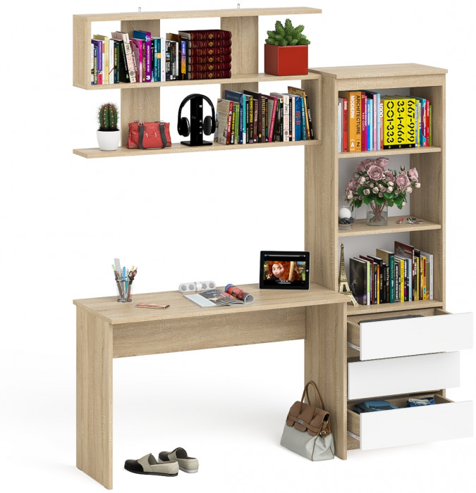 Мори Стол письменный МСП1200.1 + Стеллаж МСТ600.3 + Полка 1200, цвет дуб сонома/белый, ШхГхВ 180,8х50х209,6 см., универсальная сборка