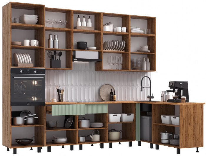 Кухня Оливия NEW 3,0х1,8/1080м Компоновка №3, Крафт золотой/Олива софт