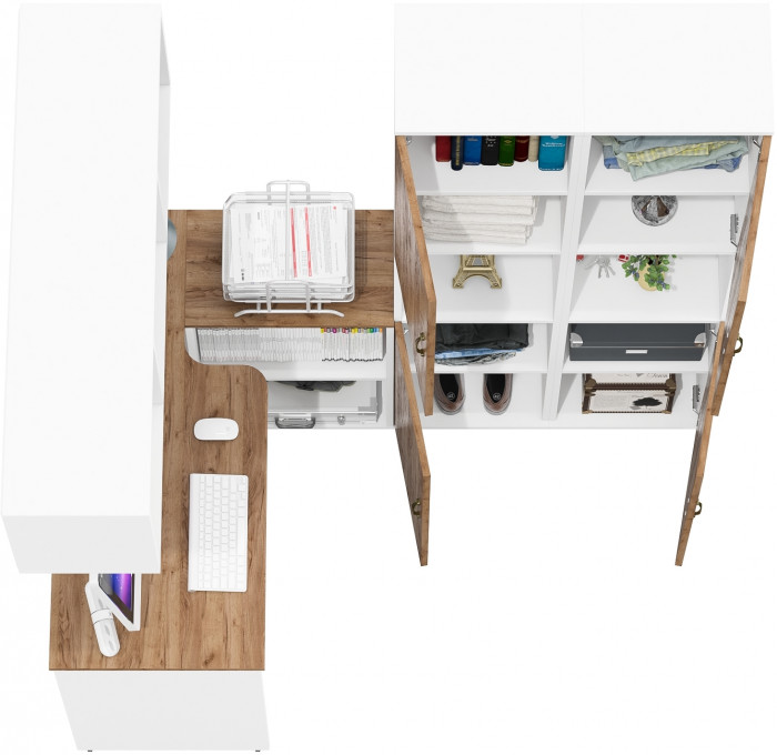 Лидер-8 Стол + Полка + Пенал + Пенал, белый шагрень/крафт золото