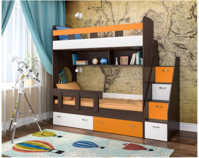 Двухъярусная кровать Юниор 1 + бортик Юниор (Ясень Анкор Темный/Белое дерево / Оранжевый)