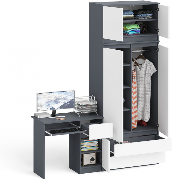 Мори Стол компьютерный МС-1 правый + Шкаф МШ900.1 + Антресоль МА900.1, цвет графит/белый, ШхГхВ 180,4х50,4х234,2 см., выдвиж. ящик справа, НЕ ун. сб.