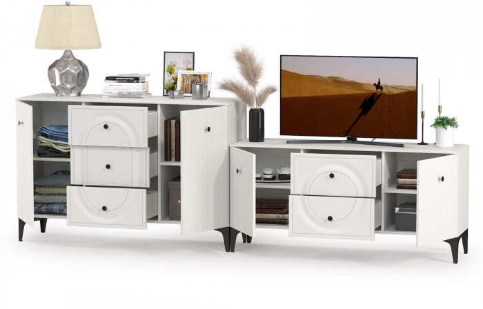 Валенсия Спальня 13.309 Комод + 16.45 Тумба под ТВ, цвет ЛДСП белый шагрень/МДФ белый шагрень, ШхГхВ 266,3х38,4х87,5 см.