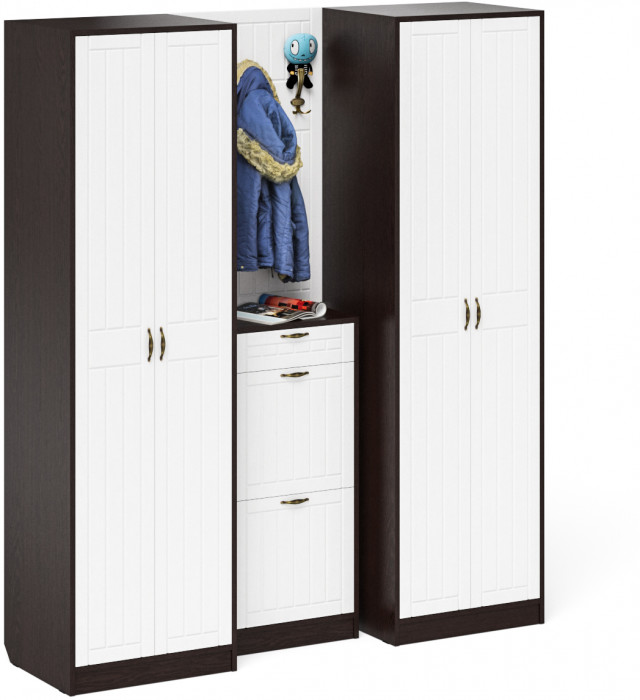 Прихожая П-6 Компоновка № 15, цвет венге/фасады МДФ белое дерево фрезеровка прованс, ШхГхВ 180х50х210 см., универсальная сборка