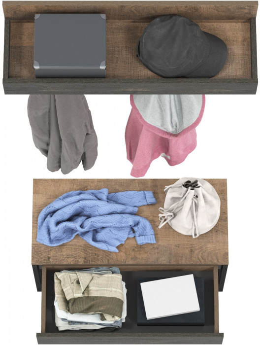 Трувор 13.241.03 Тумба для обуви + 15.04 Вешалка, цвет дуб гранж песочный/интра, ШхГхВ 80х36,6х195 см.