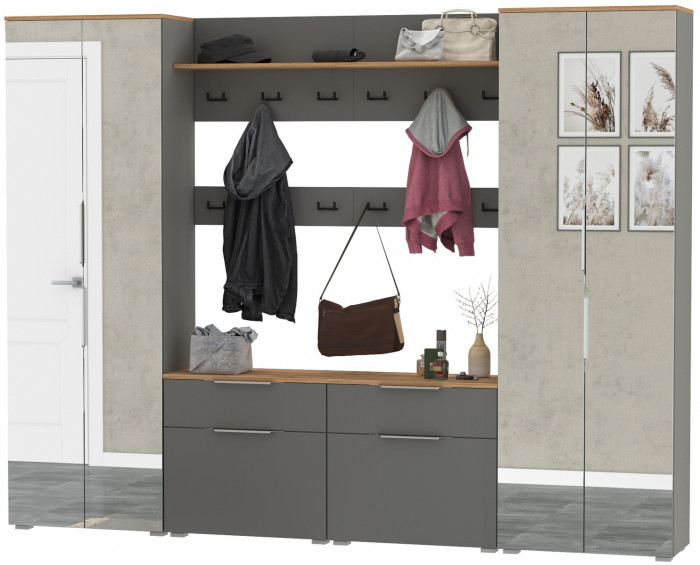 Октава Прихожая 36, цвет серый графит/дуб крафт золотой/фасады МДФ серый графит, ШхГхВ 258,6х35,4х197,6 см., универсальная сборка