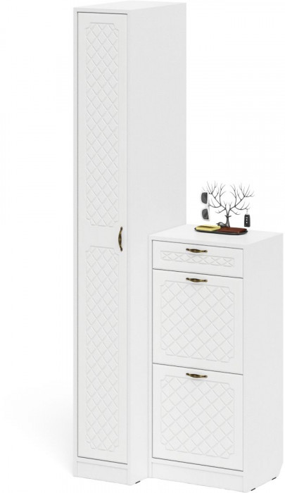 Прихожая П-6 Компоновка № 42, цвет белая шагрень/фасады МДФ белое дерево фрезеровка ромб, ШхГхВ 80х50х210 см., универсальная сборка