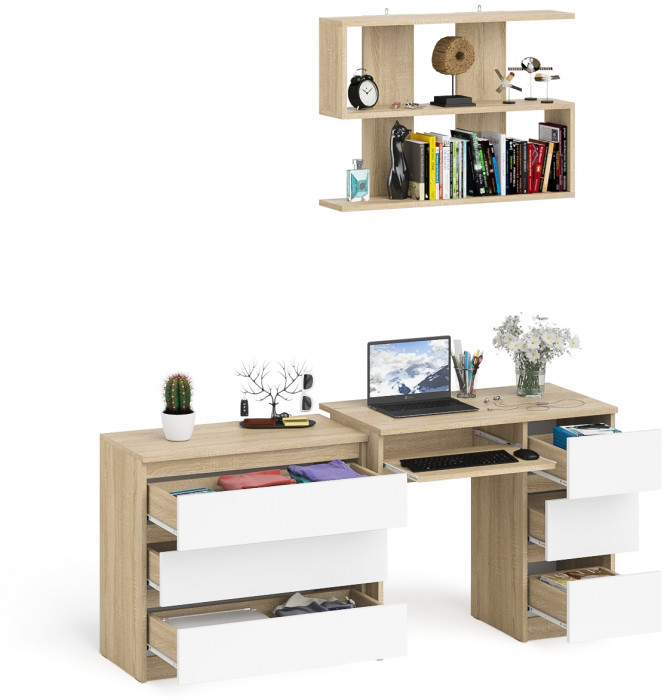 Мори компьютерный стол МС-6 правый + Комод МК800.1 + Полка 900, дуб сонома/белый