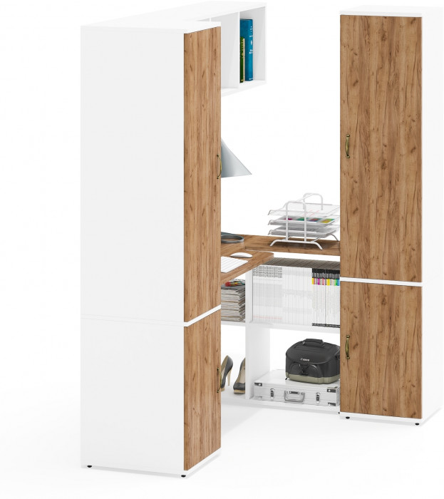 Лидер-8 Пенал МД 23Б + Стол + Полка + Пенал 22Б, цвет белый шагрень/крафт золото, ШхГхВ 245х50/37,5х75/190 или 155х120/50х75/190 см., НЕ ун.сб.