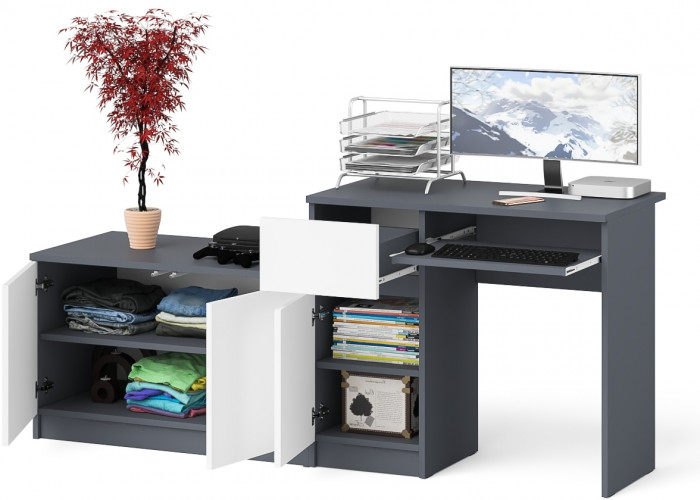 Мори Стол компьютерный МС-1 левый + Тумба МА900.1, цвет графит/белый, ШхГхВ 180,4х50,4х76,6 см., выдвижной ящик слева, НЕ универсальная сборка