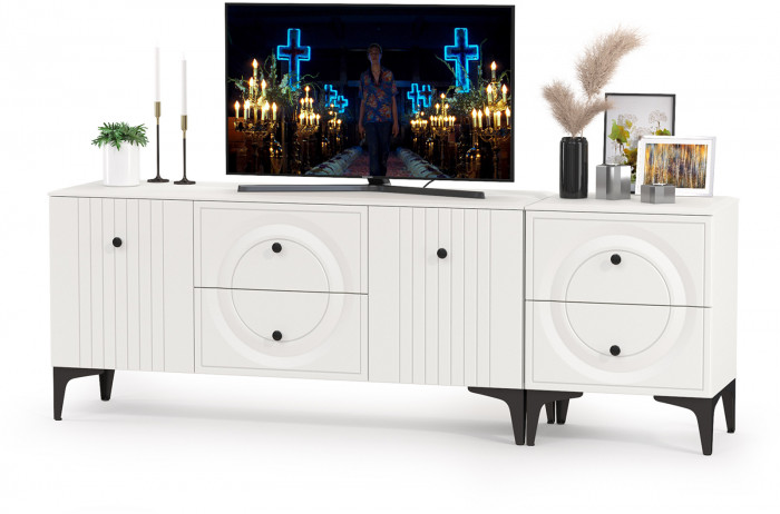 Валенсия Гостиная 16.45 Тумба под ТВ + 13.291 Тумба, цвет ЛДСП белый шагрень/МДФ белый шагрень, ШхГхВ 182,3х38,4х63,7 см.