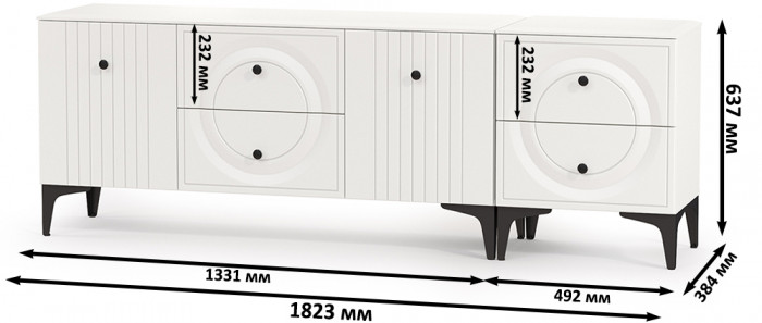 Валенсия Гостиная 16.45 Тумба под ТВ + 13.291 Тумба, цвет ЛДСП белый шагрень/МДФ белый шагрень, ШхГхВ 182,3х38,4х63,7 см.