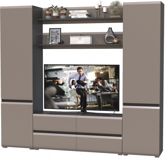 Сидней Комплектация № 067, цвет корпус: антрацит/фасады: МДФ веллюто капучино, ШхГхВ 229,9х41,3х205,2 см., ниша для ТВ 129х41х90 см., универс. сборка