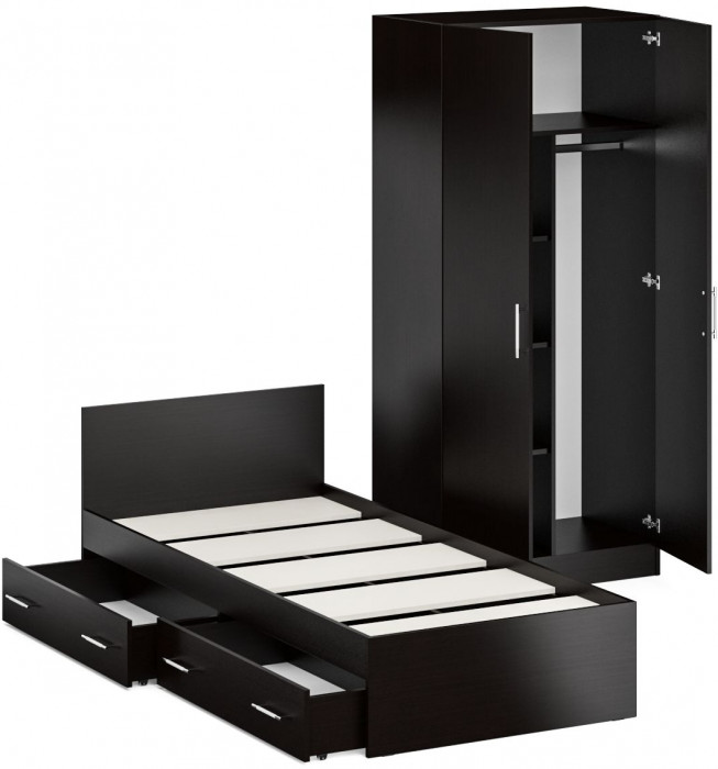 Кровать с ящиками 0900 + Шкаф 2-х створчатый Стандарт, цвет венге, ШхГхВ 93,5х203,5х70 + 90х52х200 см., сп.м. 900х2000 мм., б/м, основание есть