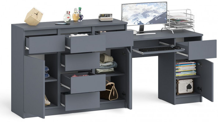 Мори Стол компьютерный МС-1 правый + Комод МК1200.4, цвет графит, ШхГхВ 210,4х50х94 см., выдвижной ящик справа, НЕ универсальная сборка