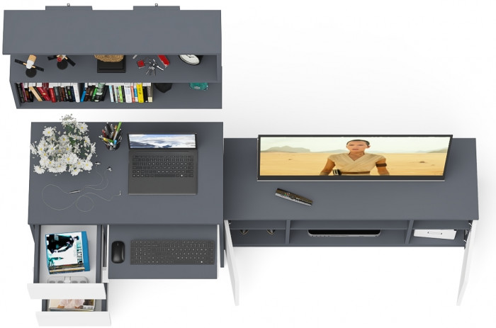 Мори компьютерный стол МС-6 левый + Тумба МТВ1200.1 + Полка 900, графит/белый