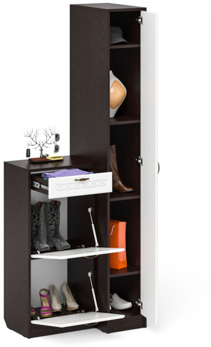 Прихожая П-6 Компоновка № 42, венге/фасады МДФ белое дерево фрезеровка ромб