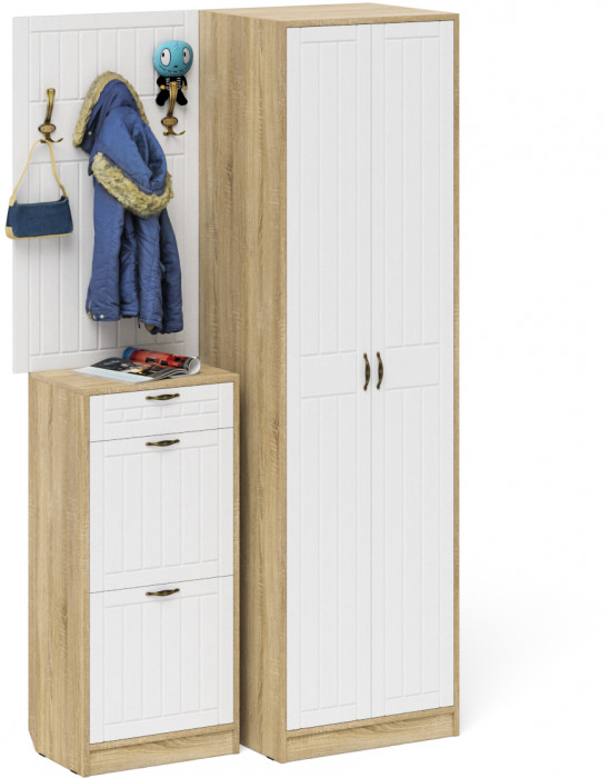 Прихожая П-6 Компоновка № 18, цвет дуб сонома/фасады МДФ белое дерево фрезеровка прованс, ШхГхВ 120х50х210 см., универсальная сборка