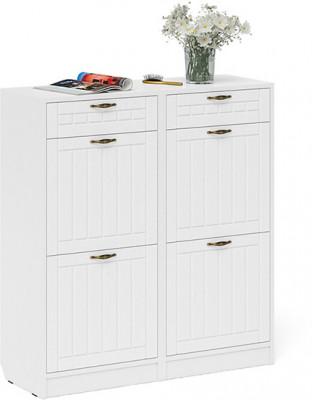 Прихожая П-6 Тумба для обуви 2 секции + Тумба для обуви 2 секции, цвет белая шагрень/фасады МДФ белое дерево фрезеровка прованс, ШхГхВ 100х35х108,3 см