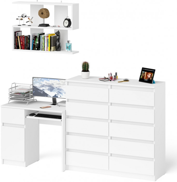 Мори компьютерный стол МС-1 левый + Комод МК1200.10 + Полка 900, белый