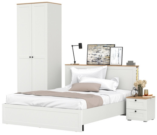 Остин 11.53 Кровать + ортопед + 13.336.02 Шкаф для одежды + 16.152 Тумба прикроватная, белый шагрень/дуб крафт золотой