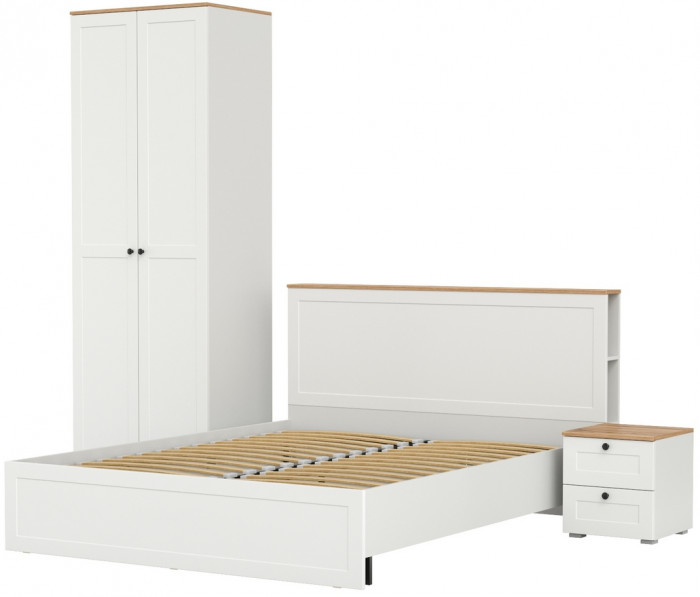 Остин 11.53 Кровать + ортопед + 13.336.02 Шкаф для одежды + 16.152 Тумба прикроватная, белый шагрень/дуб крафт золотой